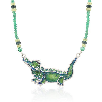 Limited Edition Enameled Alligator on a strand of Faceted Peridot 17" - studio-margaret
