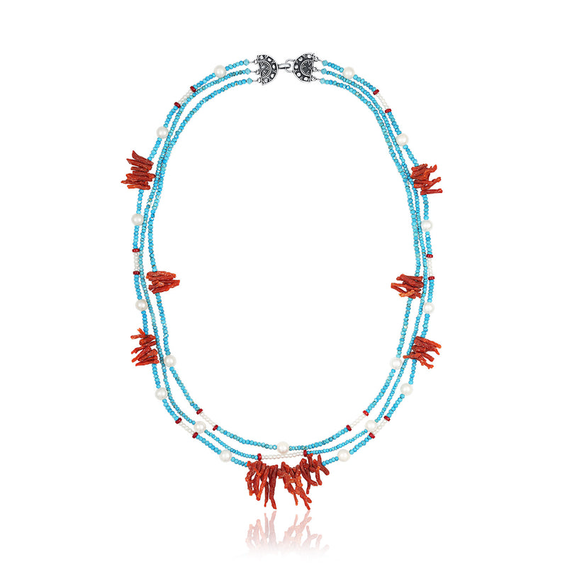 Turquoise, Red Coral and Pearl Three Strand Necklace